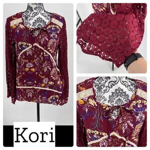 Kori maroon floral crochet lace long sleeve top key hole tie. Size small